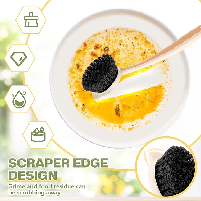 16 Pack Dish Brush with Handle Dish Scrubber Brush with Built-in Scraper Kitchen Scrub with Stiff Bristles Long Scrubber for Home Restaurant Pot Sink Washing Cleaning Supplies, Beige-CasaMuseHome