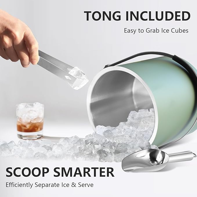 3L Ice Bucket with Silicone Lid, Scoop, Tongs & Strainer, Stainless Steel Double Wall Insulated Ice Buckets for Parties & Cocktail Bar, Outdoor Champagne Ice Container Bin, Dusty Green-CasaMuseHome