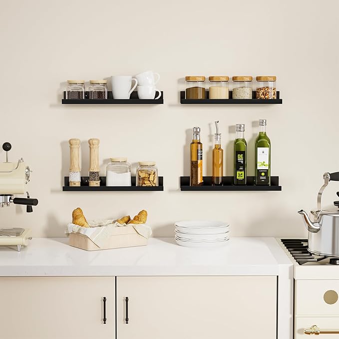 4 Pack Floating Shelves for Wall Storage, Metal Black Hanging Shelves for Living Room/Kitchen/Bedroom/Bathroom Decor, Set of 4 Organizer for Display, Perfume & Book Shelf Wall Mounted-CasaMuseHome