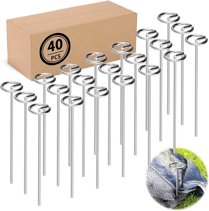 40 Pack Heavy Duty 8 Gauge Galvanized Landscape Fabric Pins, 6 Inch G-Shaped Round Top Weed Barrier Stakes for Garden, Erosion Control, Tent, Ground Cover (Silver)-CasaMuseHome