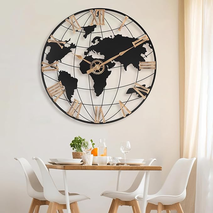 24 Inch Large Wall Clock for Living Room Decor,Big Modern Decorative Silent World Map Metal Wall Clock with Vintage Gold Roman Numeral for Office,Living Room,Kitchen,Dining Room-CasaMuseHome