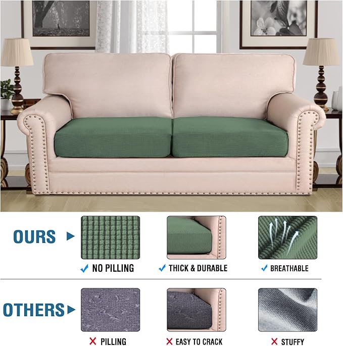 H.VERSAILTEX Super Stretch Individual Seat Cushion Covers Sofa Covers Couch Cushion Covers Slipcover Sets Thick Jacquard Textured Twill Fabric (2 Piece Large Sofa Cushion Covers, Loden Frost)-CasaMuseHome