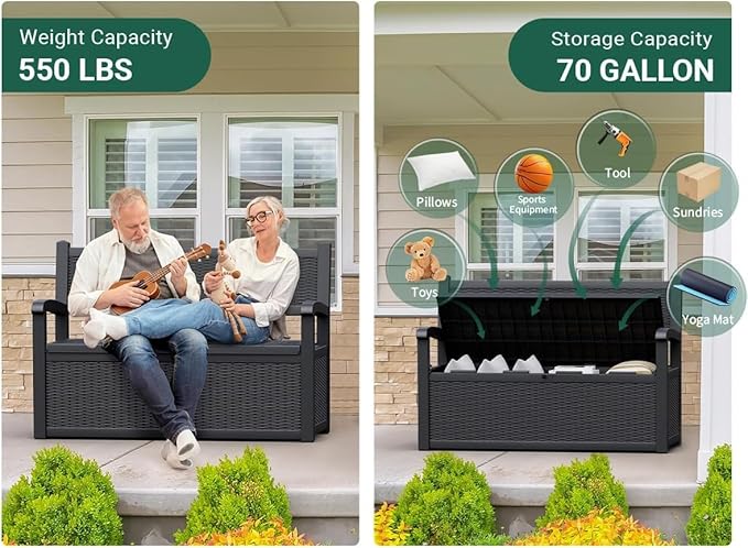 70 Gallon Lockable Outdoor Storage Bench Waterproof, Deck Box Bench for Patio, Porch, Garden, Poolside, Stores Tools & Pool Supplies, Heavy-Duty Outdoor Bench with Storage, Black-CasaMuseHome