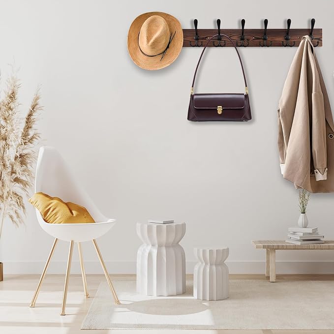 32.2'' Large Coat Rack Wall Mount Coat Hooks Coat Hanger with 8 Metal Black Triple- Hooks Brown Pine Real Wood Plank Hat Rack for Wall Hooks for Hanging Coat Hat Jacket-CasaMuseHome