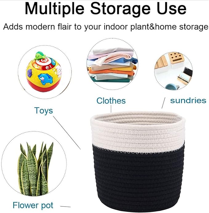 6.5 inch Planter Baskets for Indoor Planters Cotton Rope Flower Plant Pots Cover,Woven Storage Baskets for Crafts,Organization Modern Home Decor H6 3/4" x W6 1/2" Black&White-CasaMuseHome
