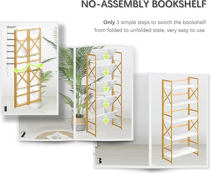 4NM 5 Tiers No Assembly Book Shelves, 51.2" H Folding Bookshelf Bookcase Open Industrial Foldable Shelves for Bedroom, Living Room, Home Office - White Gold-CasaMuseHome
