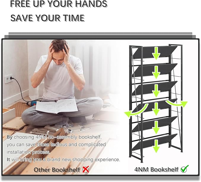 4NM No Assembly Foldable Bookshelf, 6-Shelf Collapsible Bookcase Storage for Small Spaces, 74" H, All Black-CasaMuseHome