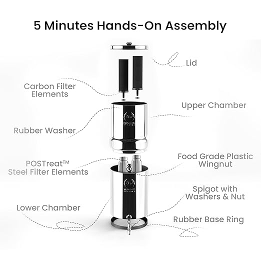 3.25 Gallons NSF Certified AISI 304 Stainless Steel Water Filter with 2 Smart Carbon (Black) Filters, 2 POSTreat Steel Fluoride Removal Elements & Free Stainless Steel Spigot-CasaMuseHome