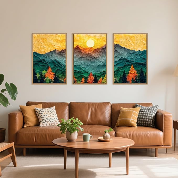 Abstract Mountain Framed Canvas Wall Art Set, Forest Pine Tree Golden Sunset Wall Decor, Mixed Patchwork Landscape Art Print for Living Room, Bedroom, Dining Room, Office - 16"x24"x3-CasaMuseHome