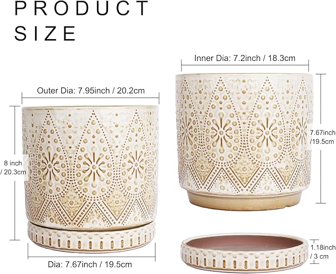 8 Inch Indoor Plant Pot with Drainage Holes and Saucers, Ceramic Planter for Plants, Succulent Orchid Flower Pots-CasaMuseHome