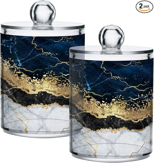 2 Pack Qtip Holder Dispenser Navy Blue Marble Bathroom Storage Canister Lid Acrylic Plastic Apothecary Jar Set Vanity Makeup Organizer for Cotton Swabs/Pads/Floss-CasaMuseHome