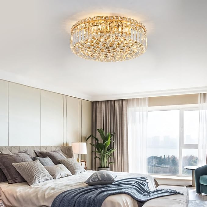 6-Lights Gold Crystal Flush Mount Chandelier Light Fixture K9 Crystals Modern Ceiling Lights Elegant Pendant Lamp for Bedroom,Hallway,Bar,Living Room,Dining Room,H5.9 xW20 (Bulbs Not Included)-CasaMuseHome