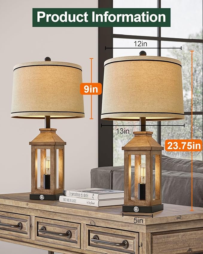 23.75" Farmhouse Dual USB Charging Ports 3-Way Dimmable Touch Control Table Lamp with Nightlight Vintage Modern Lamps for Living Room Bedroom-CasaMuseHome