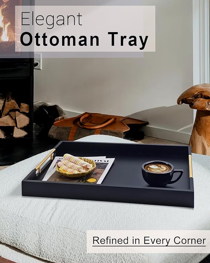 22 Inch Rectangle Black Ottoman Tray with Gold Metal Handles, Extra Large Wooden Serving Tray for Living Room, Coffee Table, Kitchen & Hosting-CasaMuseHome