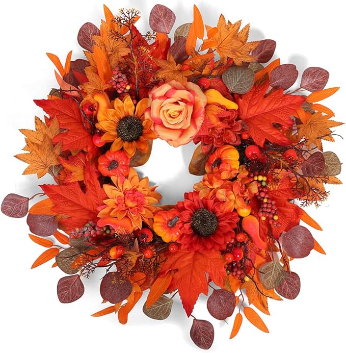 24" Fall Wreath for Front Door Outside - Sunflower, Pumpkin, Berry & Maple Leaves | Weatherproof Autumn Outdoor Wreaths with Hanger Hook for Thanksgiving, Harvest-CasaMuseHome
