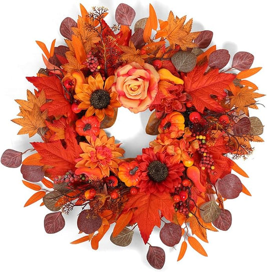 24" Fall Wreath for Front Door Outside - Sunflower, Pumpkin, Berry & Maple Leaves | Weatherproof Autumn Outdoor Wreaths with Hanger Hook for Thanksgiving, Harvest-CasaMuseHome
