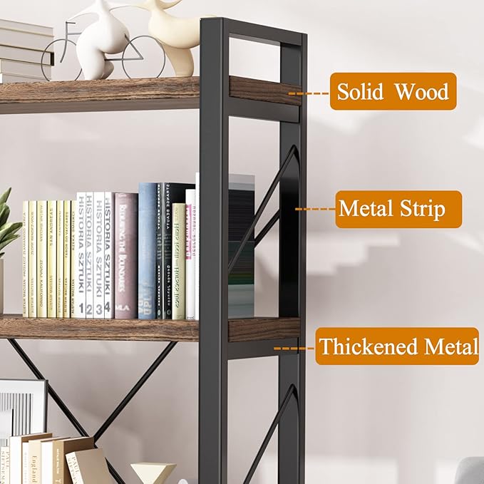 5 Tier Bookshelf Rustic Solid Wood Industrial Style Bookcase,Metal and Real Wood Vintage Bookshelf,Book Shelves Home Office, Retro Brown,Dark Matching credenza(LZ01-05tier) (5Tiers)-CasaMuseHome
