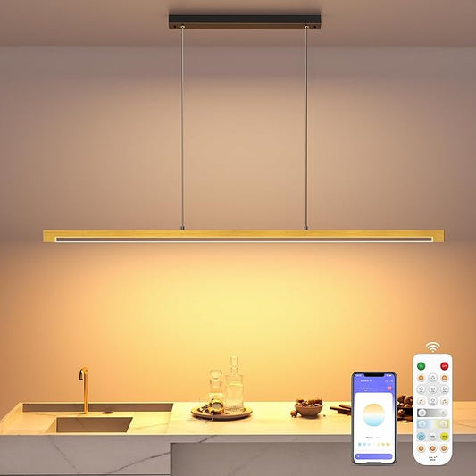 54" Linear Pendant Light Aluminum, 40W Gold Dimmable Kitchen Island Lighting with Remote & App Control, Adjustable CCT (3000K-6000K), Modern Chandelier for Home Office Dining Room Study-CasaMuseHome