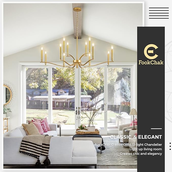 12 Light Gold Living Room Chandelier High Ceiling Foyer Candle Chandelier Large Modern Brass 44in Metal Chandeliers Hanging Light for Master Bedroom Dining Room Light Fixture Over Table-CasaMuseHome