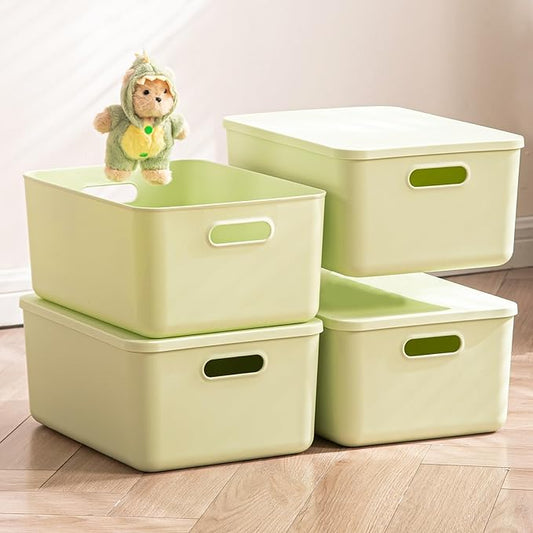 4 pack large plastic White storage bins Baskets, Toy Box Chest with Lids and Handle，Organizer Containers for Baby，Kids,snacks,Nursery，Shelves，Playroom, Bedroom，Office,Closet，home-CasaMuseHome