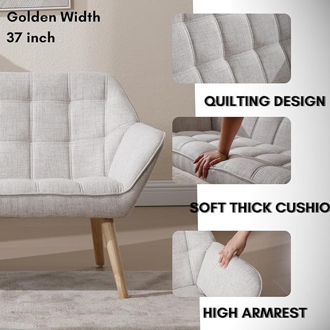 48”Small Loveseat Sofa, Modern Linen Upholstered Mini Couch 2-Seater Fluffy Love Seat with Quilting Backs and Wood Legs for Small Space Living Room, Bedroom, Beige-CasaMuseHome