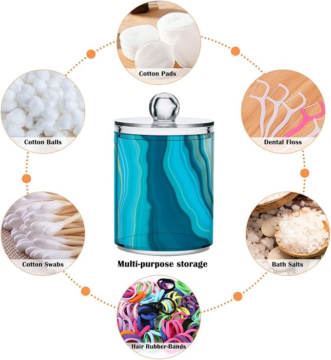 2 Pack Qtip Holder Dispenser Teal Turquoise Blue Marble Bathroom Storage Canister Lid Acrylic Plastic Apothecary Jar Set Vanity Makeup Organizer for Cotton Swab/Ball/Round Pads, Floss-CasaMuseHome