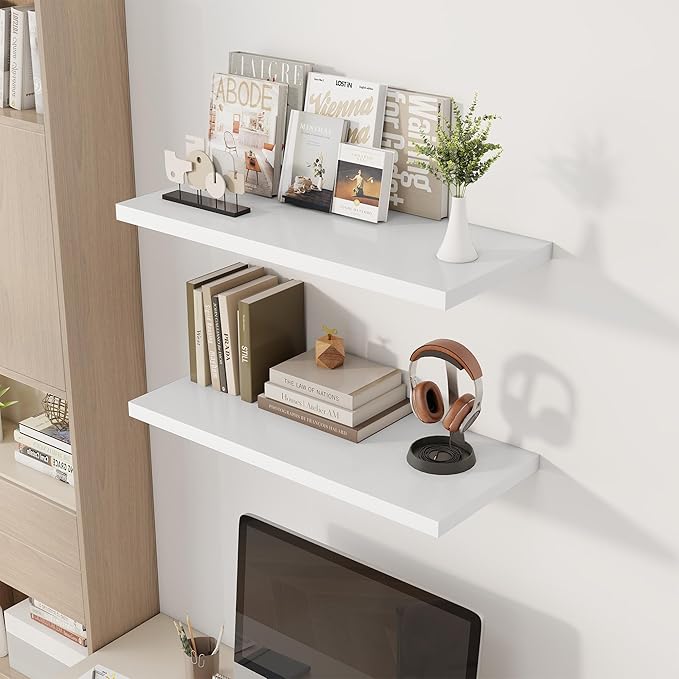 32" Floating Shelves for Wall, 12" Deep Slim White Floating Shelves, Wall-Mounted Shelves for Bedroom, Living Room, Kitchen, Bathroom - Set of 2-CasaMuseHome