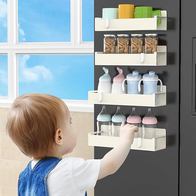 4 Pack Magnetic Spice Rack Organizer for Refrigerator and Oven, Cream White Fridge Organizers and Storage for Kitchen-CasaMuseHome