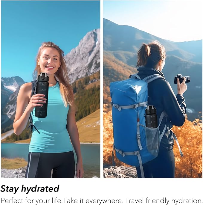 32oz Motivational Water Bottles with Time Marker & Fruit Strainer, Transparent Gradient Color Water Bottle with Times to Drink, Leakproof & BPA Free, Reusable Bottle with Strap (No Straw)-CasaMuseHome