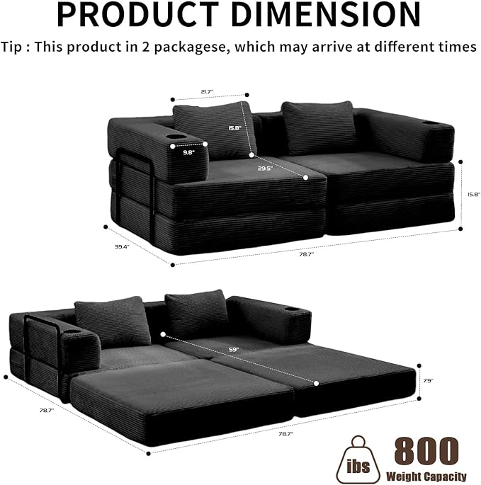 78" W Loveseat Sofa, 4 in 1 Convertible Floor Sofa Bed, Boneless Cloud Couch with Cup Holder, Fold Out Floor Couch, Loveseat Recliner Sleeper for Living Room Bedroom Lounge(Corduroy, White)-CasaMuseHome