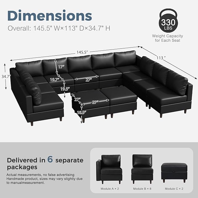 ABCASA Oversized 145.5" Faux Leather Modular Sectional Sofa, Modern Large 12 Seater U Shaped Couch with Storage Seat with Reversible Chaise Deep Seat for Living Room DIY Combination - Black-CasaMuseHome