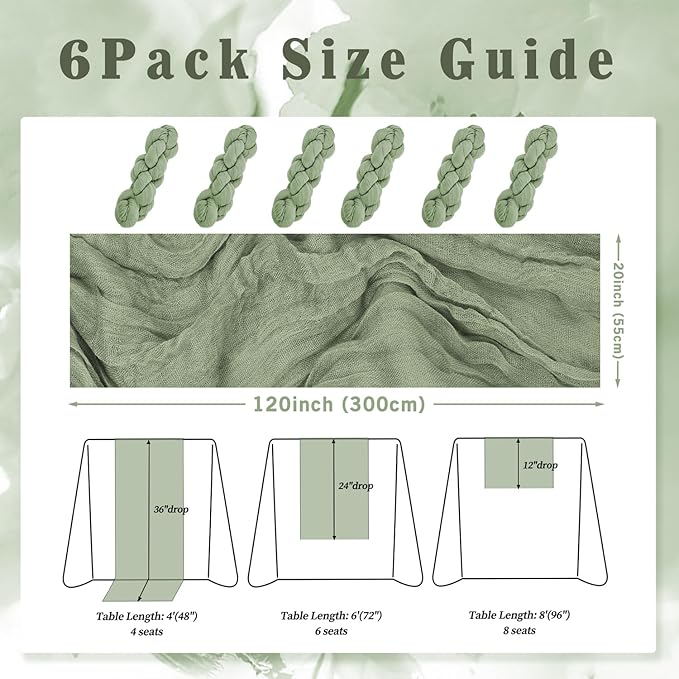 6 Pack Sage Green Cheesecloth Table Runner 10FT Rustic Gauze Fabric Cheese Cloth Table Runner for Wedding Bridal Baby Shower Table Decor 20 x 120 Inch Long Boho Sheer Birthday Party Table Decorations-CasaMuseHome