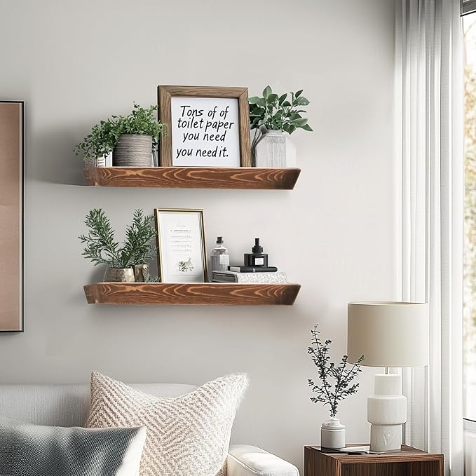 16"x6.8"x1.6" Slanted Floating Wall Shelves 2-Pack - Rustic Brown Finish, Heavy-Duty Solid Wood Design with Hidden Brackets - Perfect for Living Room, Kitchen, Bathroom, or Office-CasaMuseHome