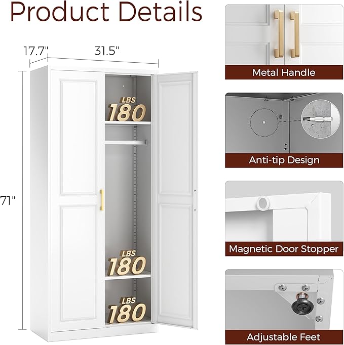 71" Metal Armoire Wardrobe Closet with 2 Doors, Tall Wardrobe Cabinet with Hanging Rod and Adjustable Shelves, White Clothing Storage Cabinets for Bedroom, Laundry Room, Home Office-CasaMuseHome
