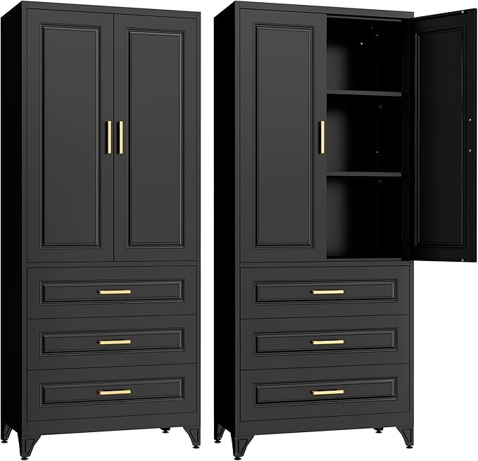 75" Kitchen Pantry Cabinet with 3 Drawers,Metal Storage Cabinets with Doors and 4 Adjustable Shelves,Black Kitchen Cabinet with 2 Gold Handles,Food Cupboard for Livingroom, Bathroom,Pantry-CasaMuseHome