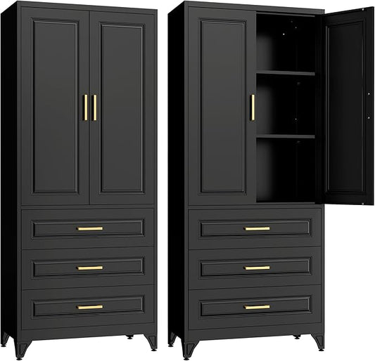 75" Kitchen Pantry Cabinet with 3 Drawers,Metal Storage Cabinets with Doors and 4 Adjustable Shelves,Black Kitchen Cabinet with 2 Gold Handles,Food Cupboard for Livingroom, Bathroom,Pantry-CasaMuseHome