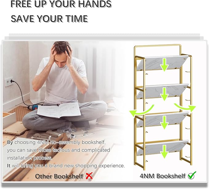 4NM No Assembly Foldable Bookshelf, 4-Shelf Collapsible Bookcase Storage for Small Spaces, 54" H, White and Golden-CasaMuseHome