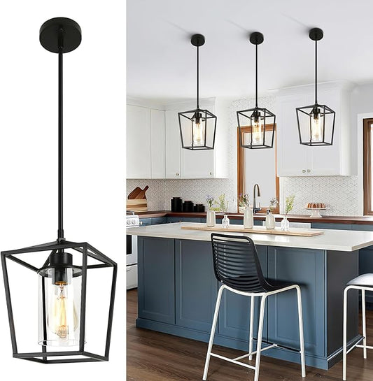 3 Pack Black Pendant Lights for Kitchen Island, 1-Light Farmhouse Metal Pendant Light Cage Kitchen Hanging Light Fixtures with Clear Glass Shade for Dining Room, Entryway, Hallway, Foyer-CasaMuseHome
