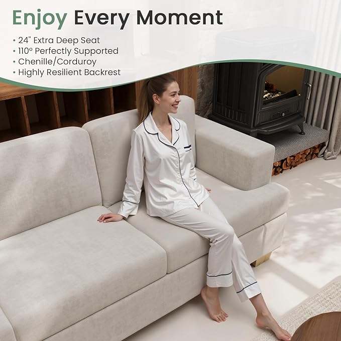 2 Piece Set Comfy Sofa Couch, 2 3-Seater Sofa with Deep Seats, Modern Sleeper Couch for Living Room, Beige Chenille-CasaMuseHome