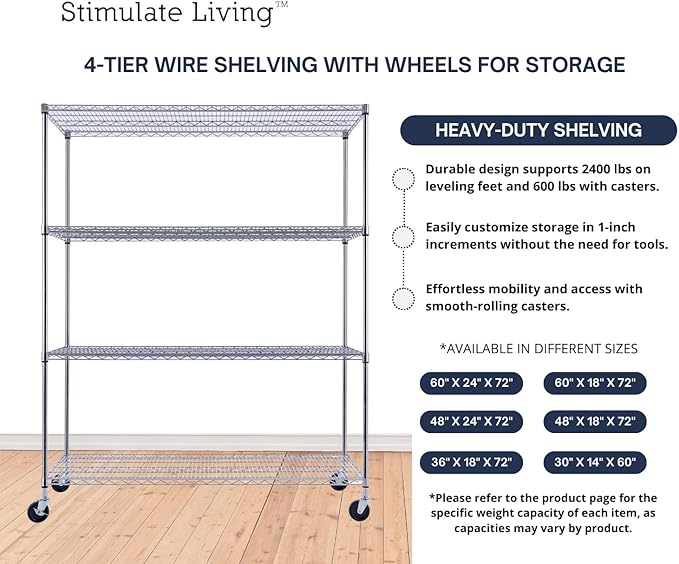 60"x24"x72" PRIME HEAVY DUTY Chrome 4-Tier Wire Shelving NSF 2400 LBS MAX Capacity Storage Rack for Commercial, School, Home, Garage, Warehouse, Industrial, and Hospital Uses (with Wheels)-CasaMuseHome