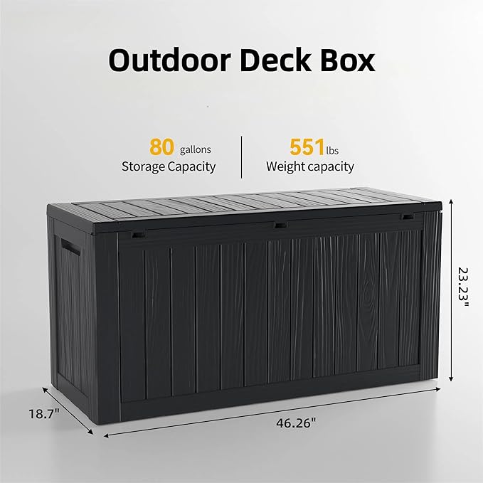 80 Gallon Deck Box, Outside Storage Box Waterproof for Outdoor Cushion Storage, Garden Tools, Resin Outdoor Storage Box, Black-CasaMuseHome