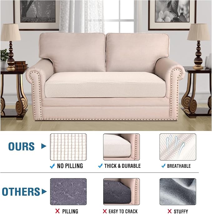 H.VERSAILTEX Super Stretch Individual Seat Cushion Covers Sofa Covers Couch Cushion Covers Slipcover Sets Thick Jacquard Textured Twill Fabric (1 Piece Loveseat Cushion Cover, Ivory)-CasaMuseHome