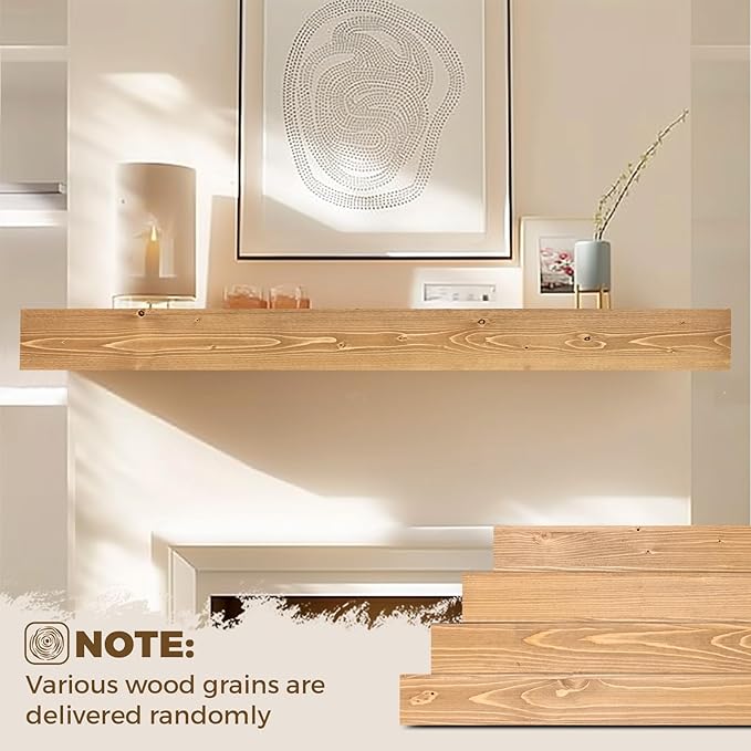 72x8x3 Fireplace Mantel - Handcrafted Hollow Rustic Solid Wood Wall Mounted Floating Shelf with Invisible Heavy Duty Wood Bracket (Natural Wood)-CasaMuseHome