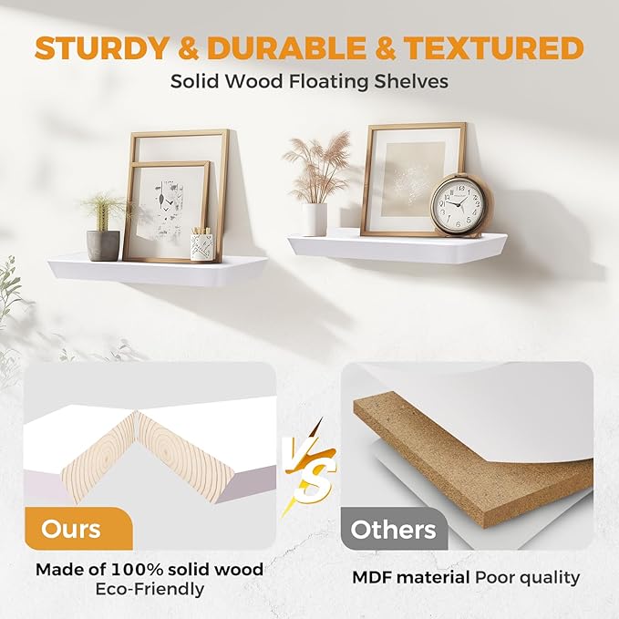 24"x6.8"x1.6" Slanted Floating Wall Shelves 2-Pack - Rustic White Finish, Heavy-Duty Solid Wood Design with Hidden Brackets - Perfect for Living Room, Kitchen, Bathroom, or Office-CasaMuseHome