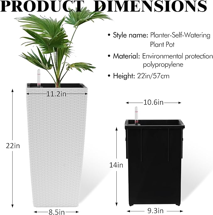 2Pcs 23in High Large Plant Pots Planter-Self-Watering,Modern Planter with Drain Holes,Water Level Monitor,Inner Bucket for Indoor/Outdoor Front Porch Patio,White Rattan-CasaMuseHome