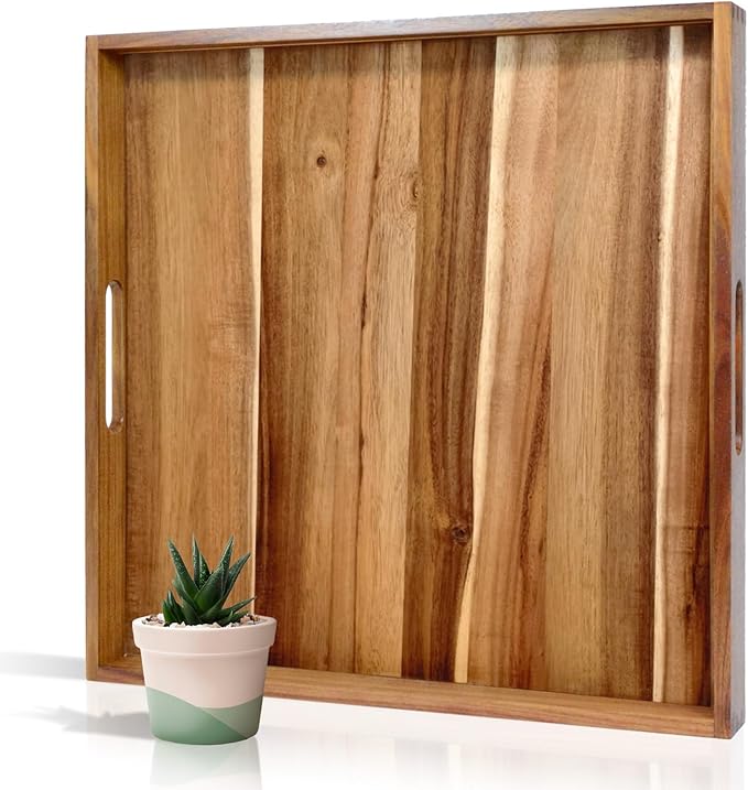 22 Inches Square Acacia Wood Ottoman Tray, Extra Large Wooden Serving Tray with Handles for Living Room, Serving Food Breakfast, Ottoman Coffee Table Couch Sofa Kitchen-CasaMuseHome