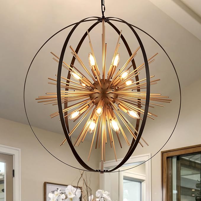 31.5" Black Gold 16-Light Globe Sputnik Chandelier Modern Industrial Adjustable Hanging Ceiling Firework Pendant Light Fixture for Entryway Foyer Stairway Bedroom Dining Living Room Hallway-CasaMuseHome