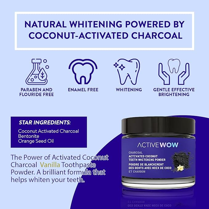 Active Wow Activated Coconut Powder – Whitening Toothpaste Powder, Fluoride-Free, Sulfate & Paraben-Free, Vanilla Flavor-CasaMuseHome