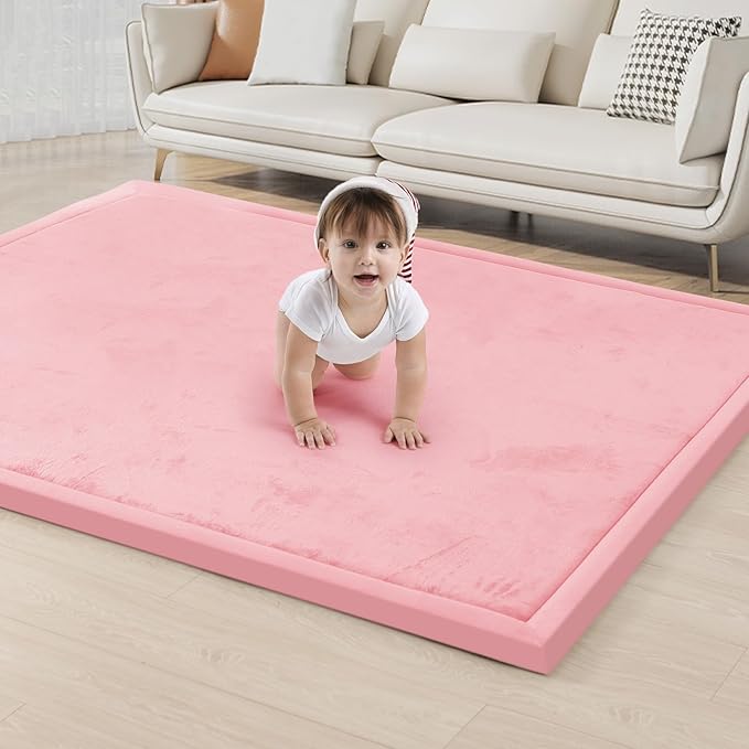 ACOMOPACK Baby Play Mat for Floor 1.3" Thick Memory Foam Play Mat 59"×71" Tummy Time Crawling with Non-Slip Bottom for Living Room,Nursery,Soft Velvet Playpen Mats for Kids,Infants（Pink）-CasaMuseHome