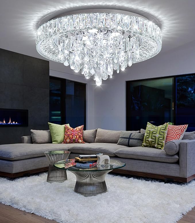 23.6'' Modern Crystal Chandeliers LED Dimmable Flush Mount Ceiling Chandeliers for Living Room Entrance Foyer Bedroom Silver-CasaMuseHome
